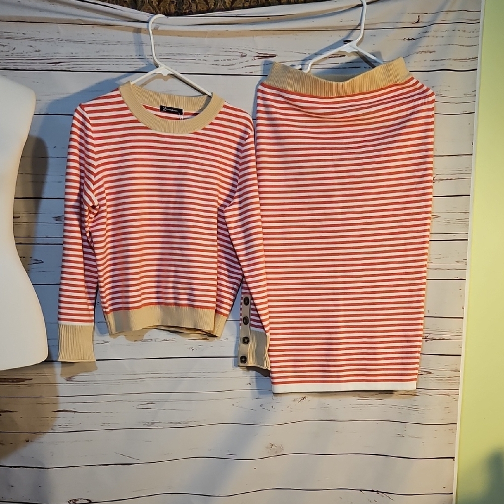Striped Knit Set Top‎ & Skirt Coral Beige Long Sleeve Button Accents  Sz M